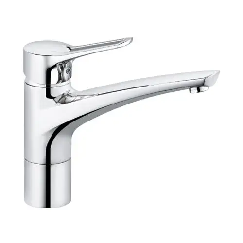 Kludi Küchenarmatur in chrom mit einem langen Auslauf und einer ergonomischen Hebelbedienung, geeignet für Niederdrucksysteme.